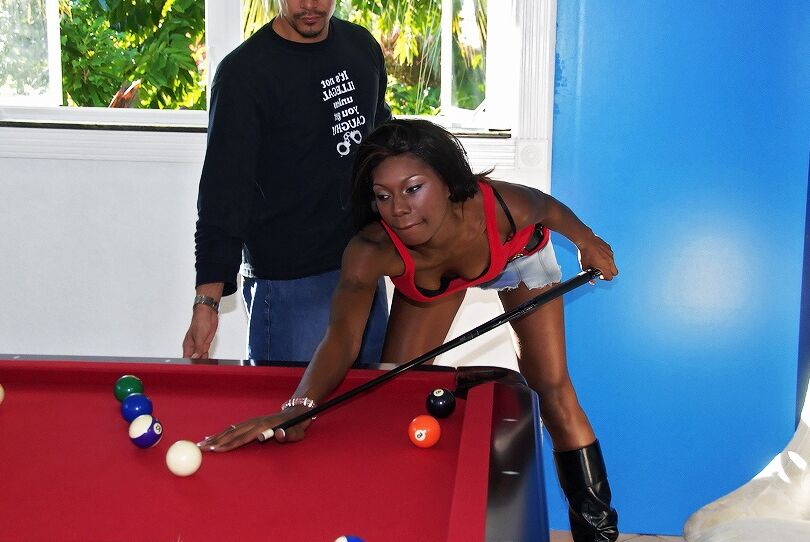 16P Black slut in jean skirt bent over the pool table and fucked