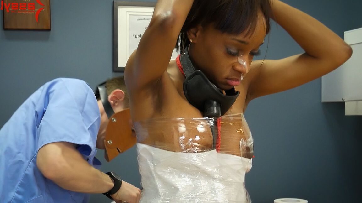 10P Black chick Caramel Starr is hung upside down prior to pleasing 2 white guys
