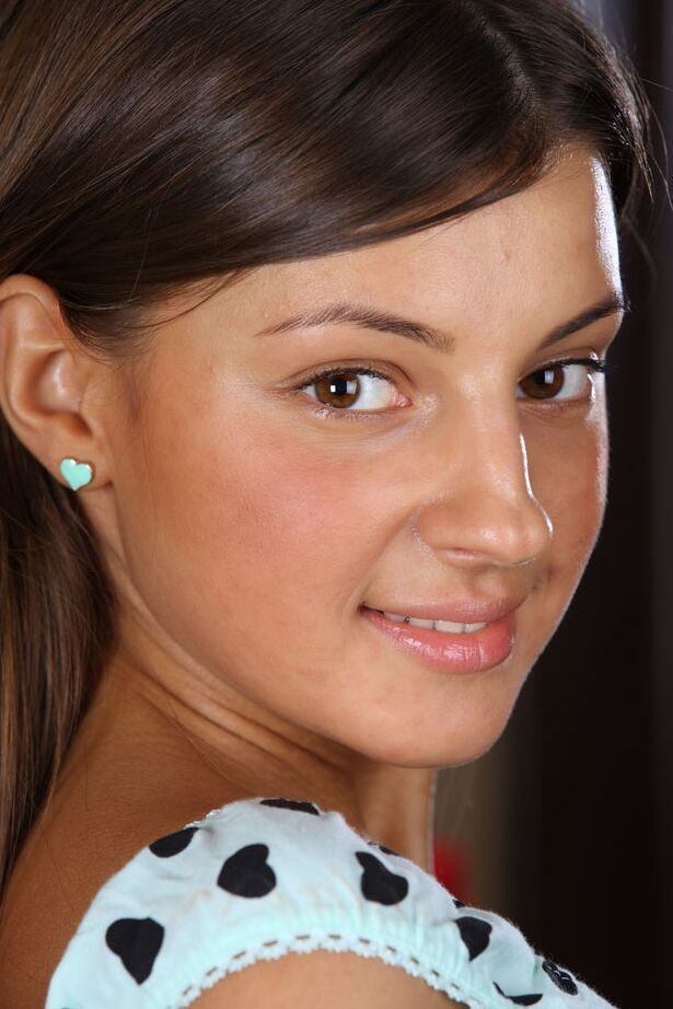 18P Cute dark haired Melena A flashes a no panties upskirt before posing naked