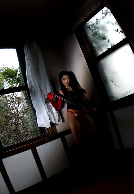16P Japanese girl Ran Asakawa removes white bra and panties by an open window