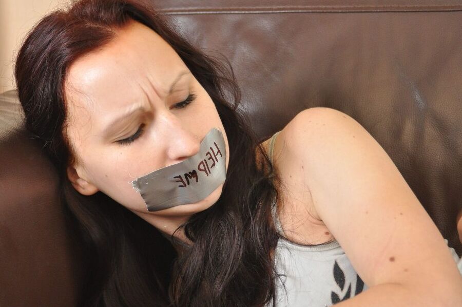 12P New Tied Virgin slut Bailey bound on her own couch