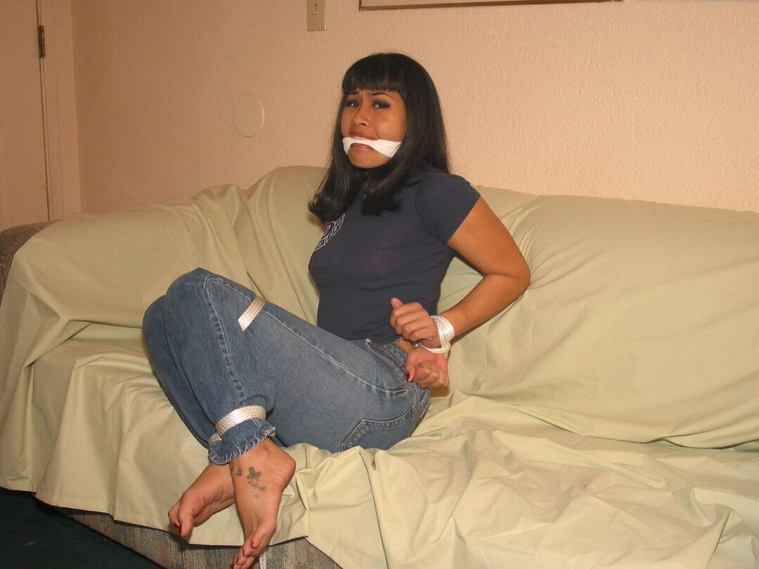 16P Bound Fetish Lily hogtied on the couch