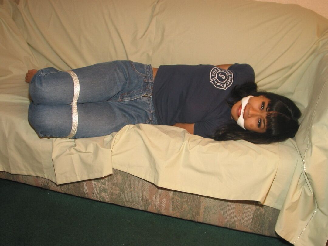16P Bound Fetish Lily hogtied on the couch