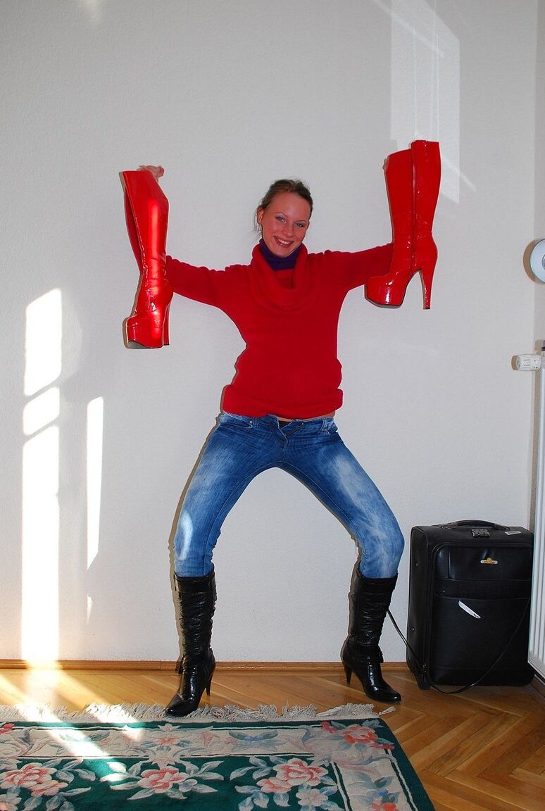 18P Pigtailed teen Gita Blonde posing in red stockings and high boots