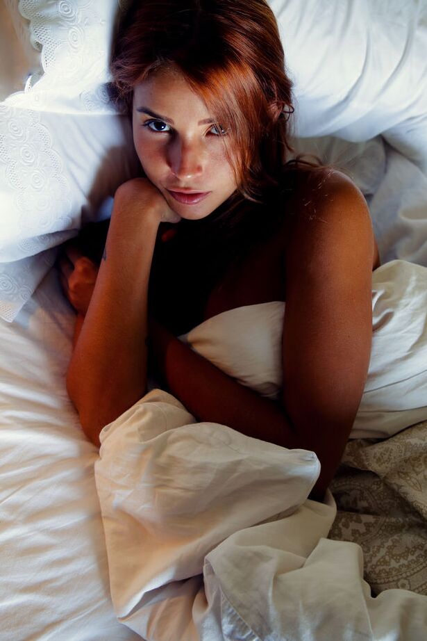 16P Natural redhead Agatha Vega holds her pigtails while totally naked