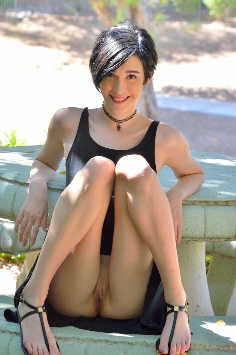 21P Cutie with small breasts Ivy sticks fruits in her shaved vagina in public
