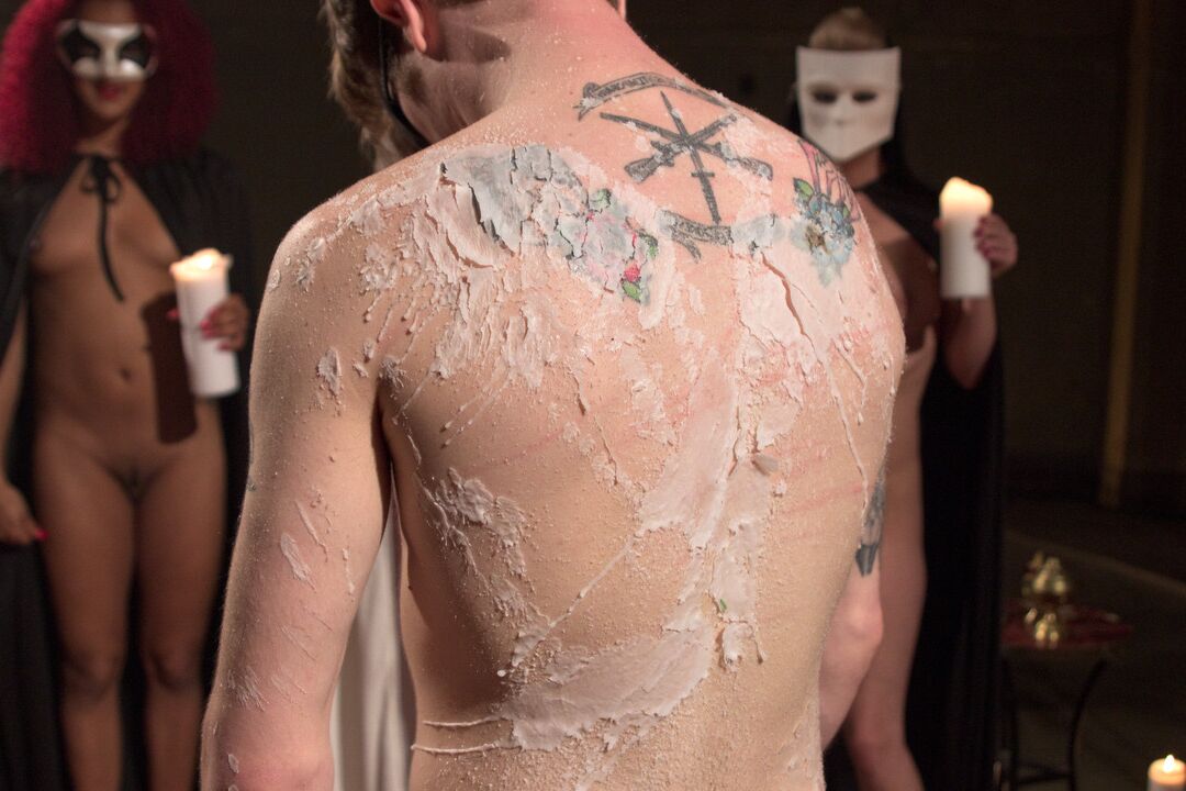 20P Horny dommes drip hot wax on a guy's back and abuse his knob on the floor