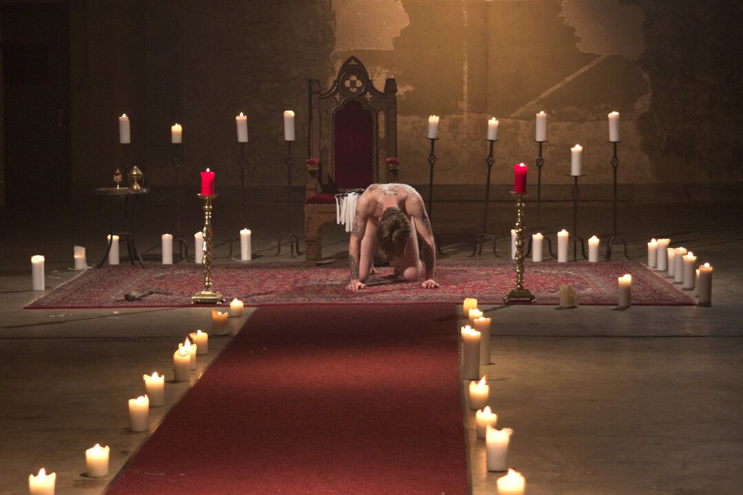 20P Horny dommes drip hot wax on a guy's back and abuse his knob on the floor