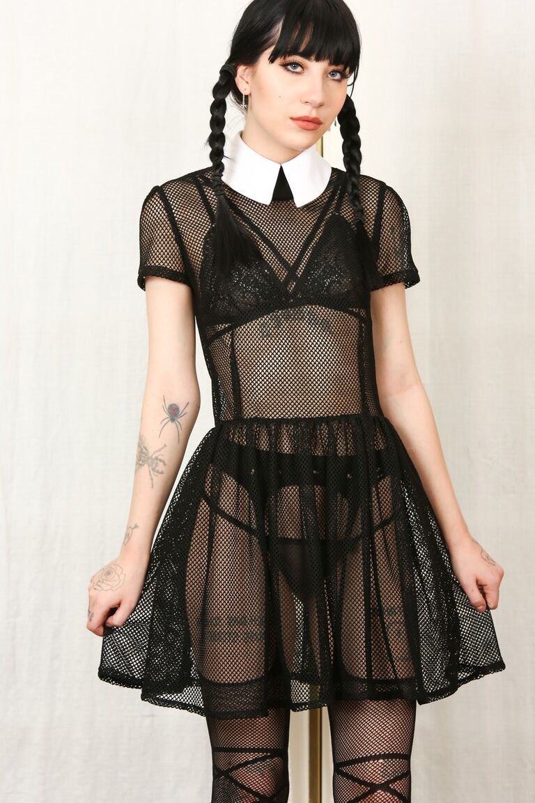 17P Tall thin Charlotte Sartre as Wednesday Addams strips sheer dress to spread