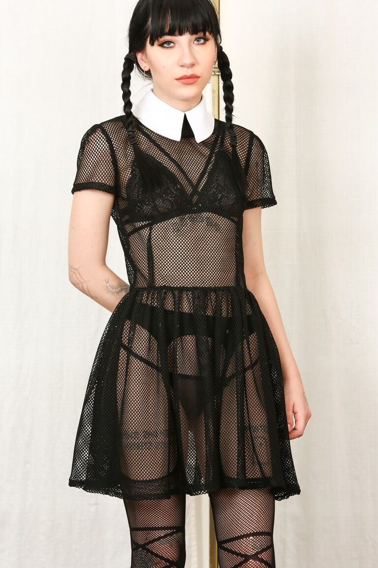 17P Tall thin Charlotte Sartre as Wednesday Addams strips sheer dress to spread