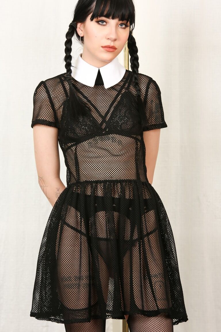 17P Tall thin Charlotte Sartre as Wednesday Addams strips sheer dress to spread
