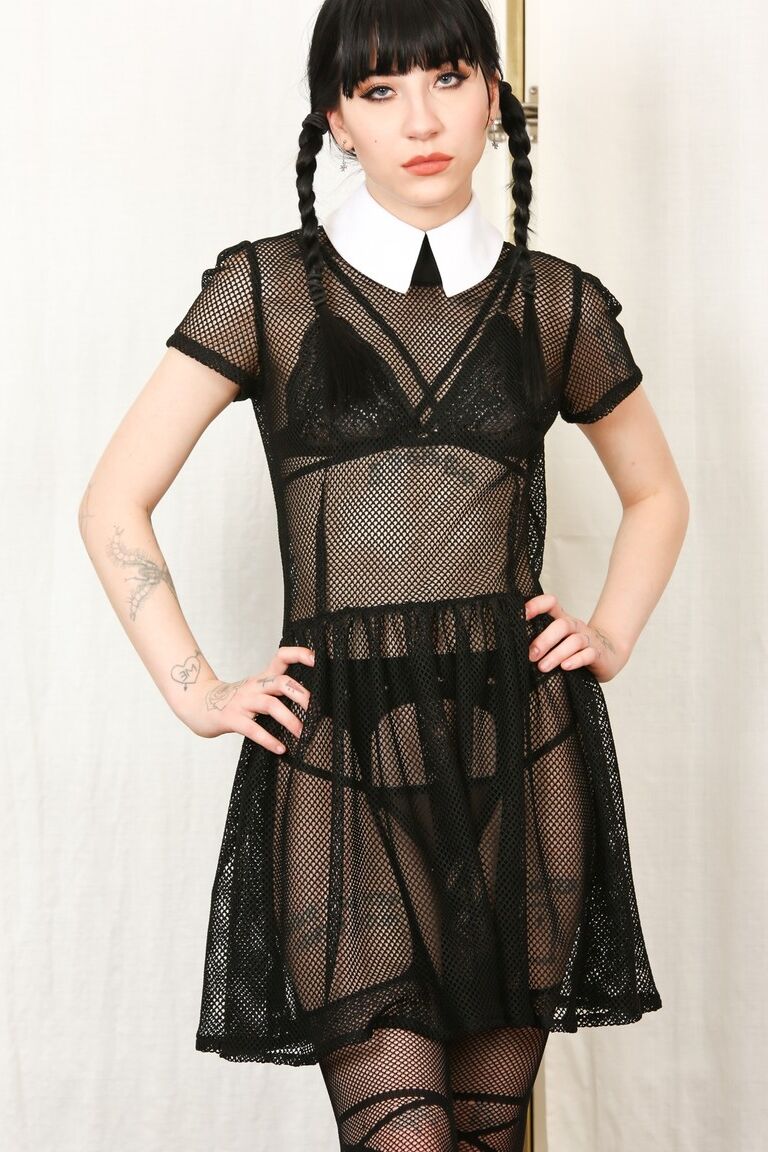 17P Tall thin Charlotte Sartre as Wednesday Addams strips sheer dress to spread