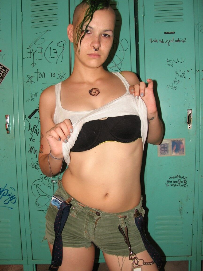 17P Smoking green haired fetish freak Chapel poses naked in the locker room