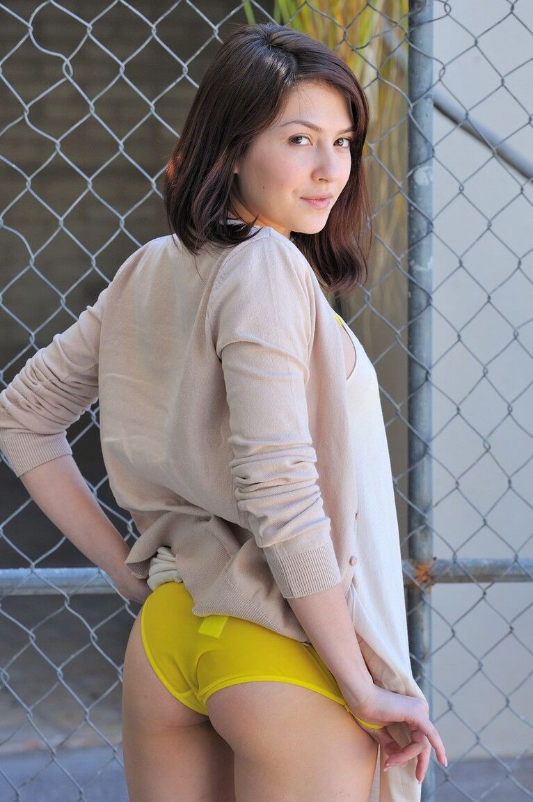 21P Skinny brunette Cassie reveals her butt and tits in public and poses at home