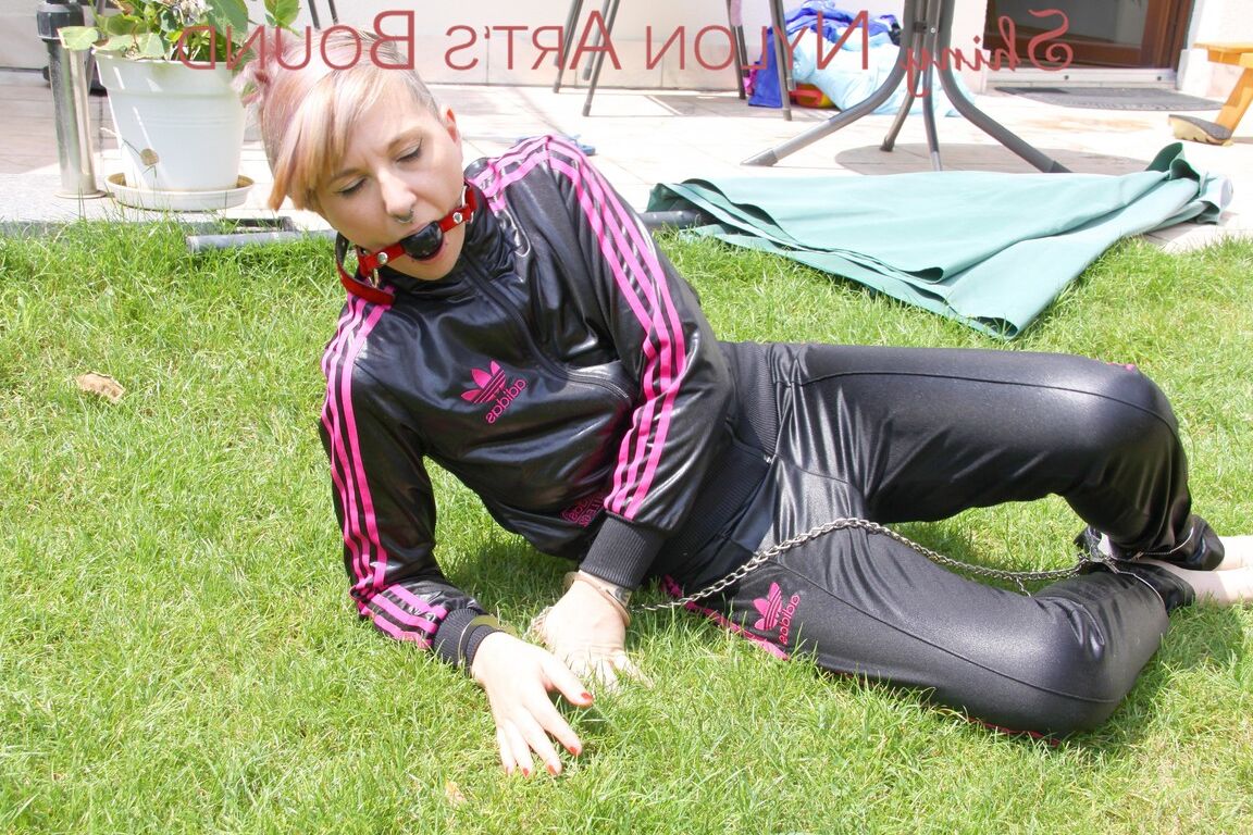 16P Mara ties and gagges herself in the garden with cuffs wearing a sexy new
