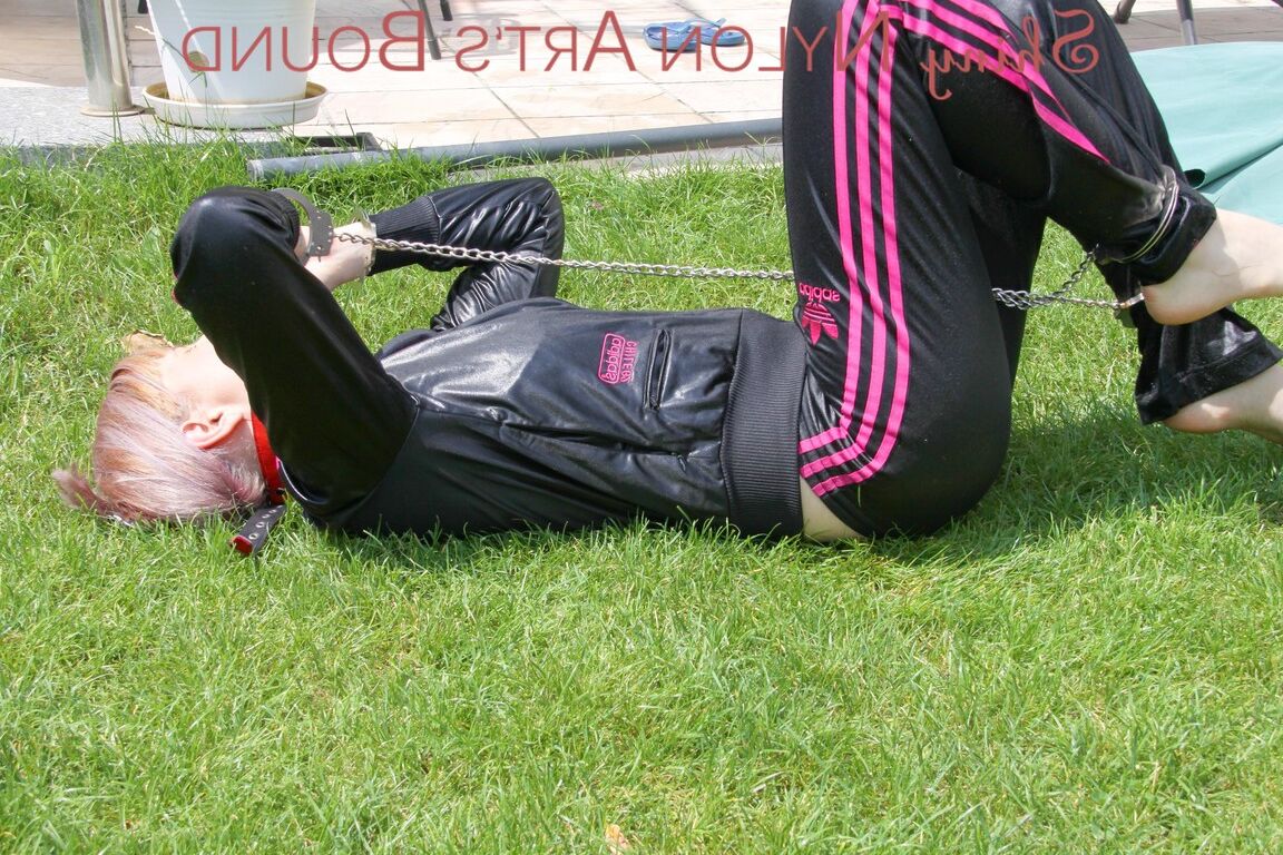 16P Mara ties and gagges herself in the garden with cuffs wearing a sexy new