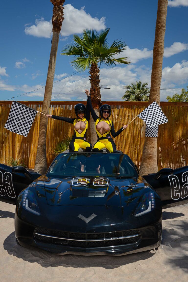 21P Filthy babes Dillion Harper and Karlee Grey share a cock on a sport car