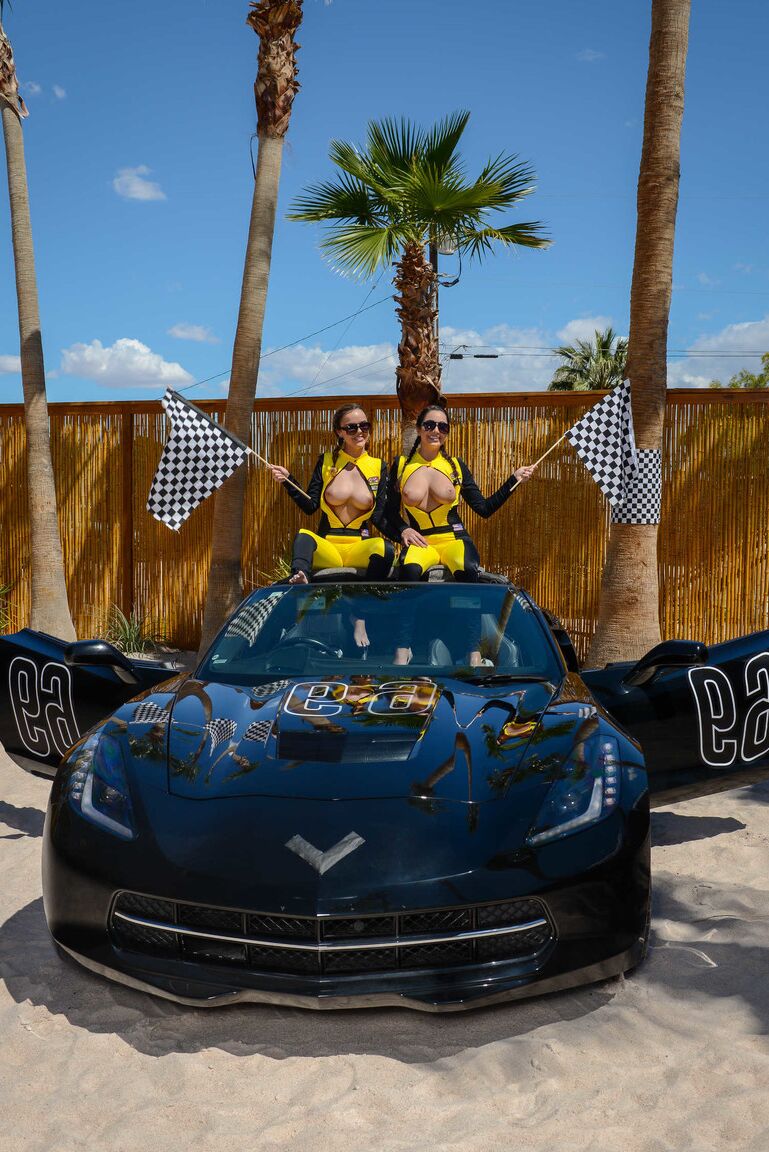 21P Filthy babes Dillion Harper and Karlee Grey share a cock on a sport car
