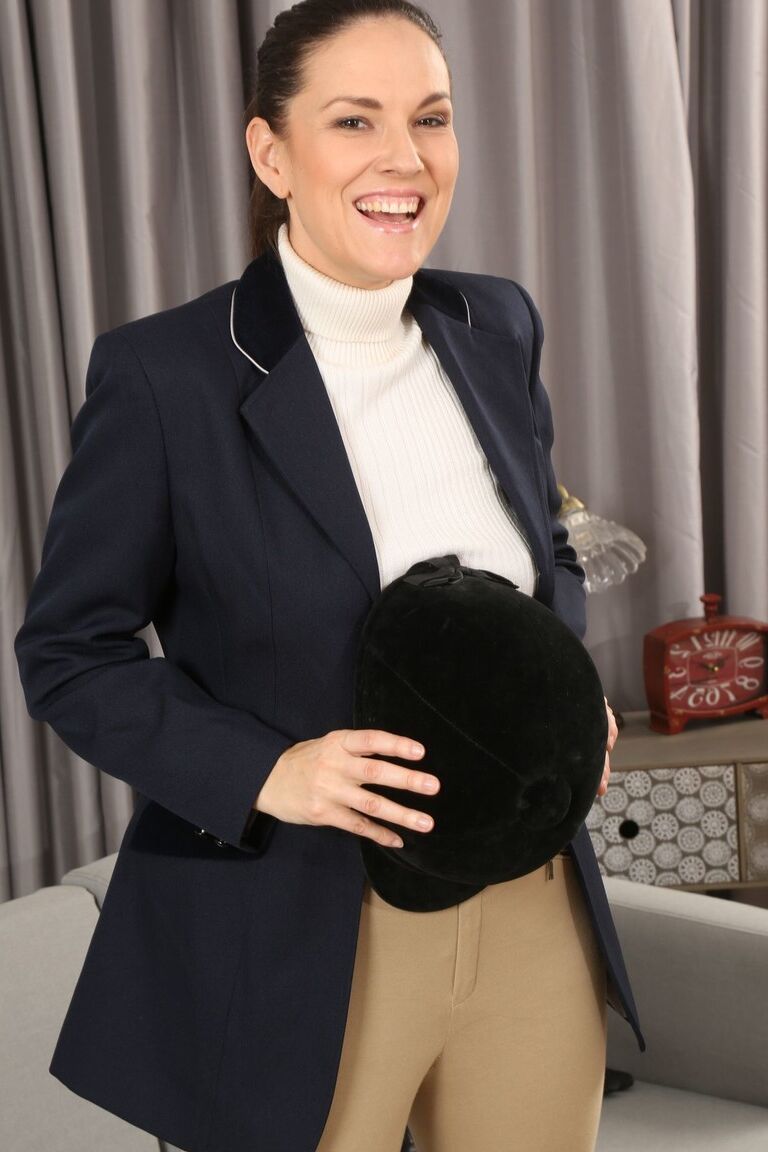 21P Charming jockey Zuzanah loses uniform before posing in attractive black dress