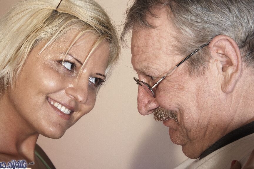 20P Blonde babe with natural tits Antynia La Rouge takes a dong from a grandad