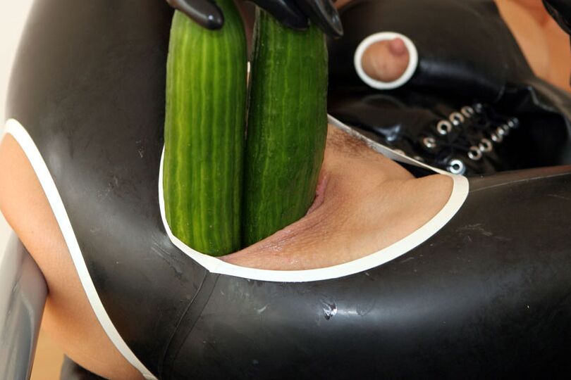 15P I shove two cucumbers into my stretched wet latex cunt
