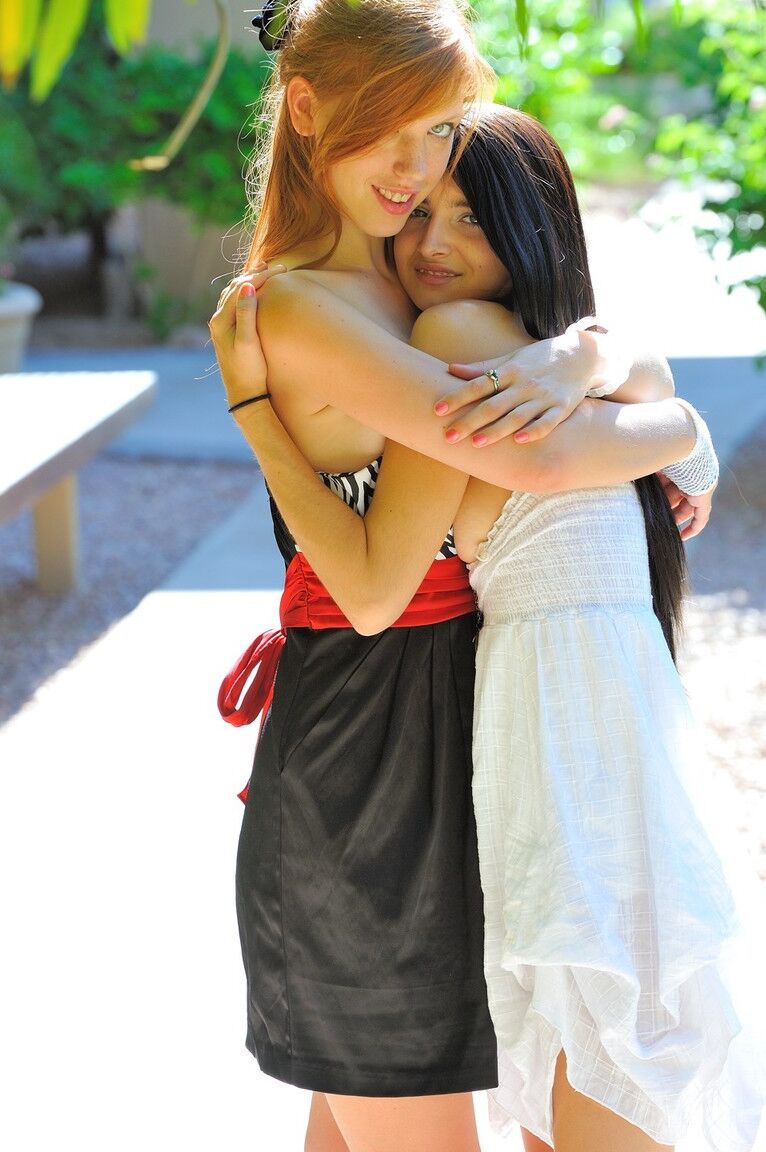 21P Sweet girls Lacie and Tamara strip and rub each other's hole in public