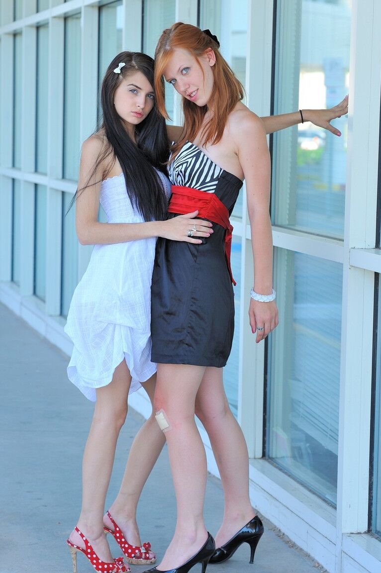 21P Sweet girls Lacie and Tamara strip and rub each other's hole in public