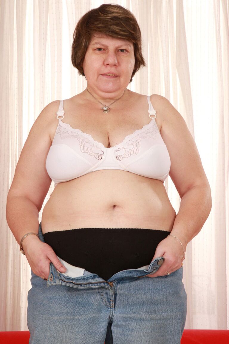 15P Old granny Miluska peels jeans to pose with cane in her underwear and slippers