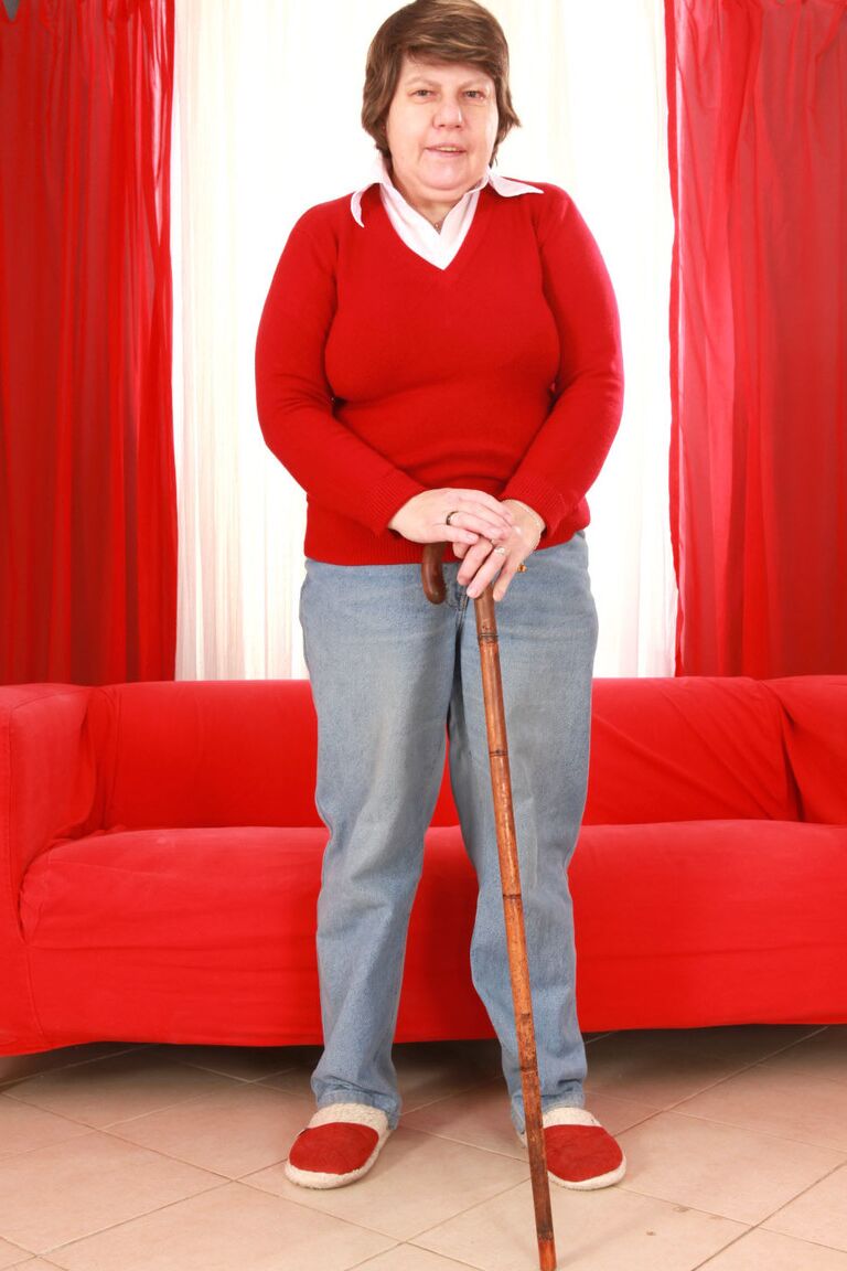 15P Old granny Miluska peels jeans to pose with cane in her underwear and slippers