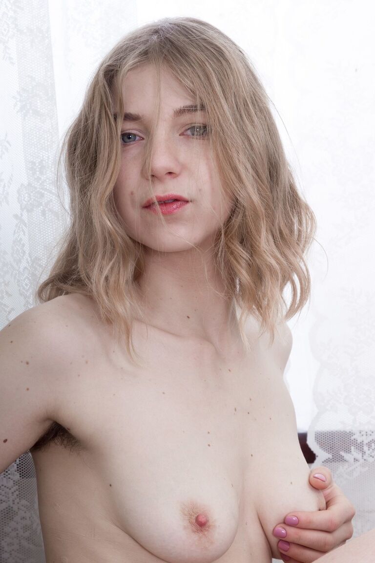 18P Blondie with tiny boobies Kristinka teases with her hairy armpits and cunt