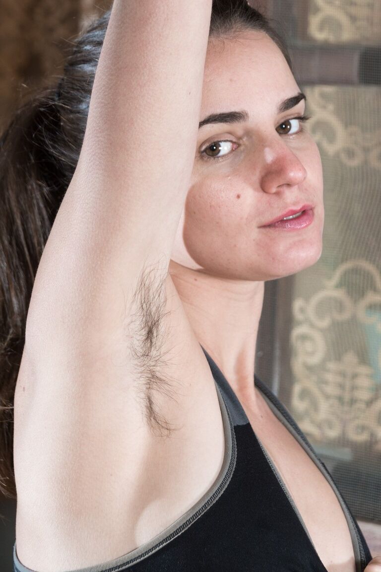 17P Brunette with hairy armpits Natalia reveals her hairy crotch and poses