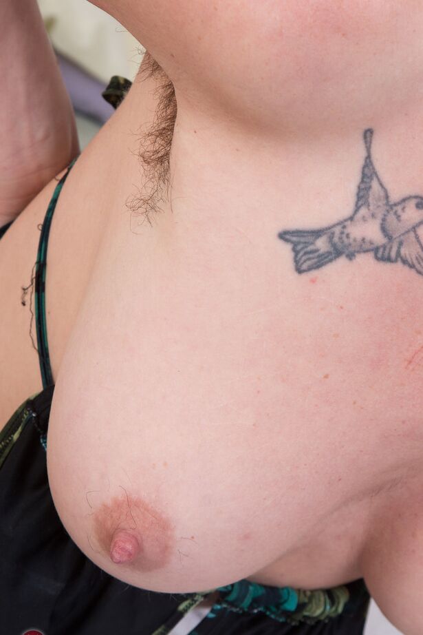 16P Older hirsute woman Stacey Stax models in the nude after bikini tossing
