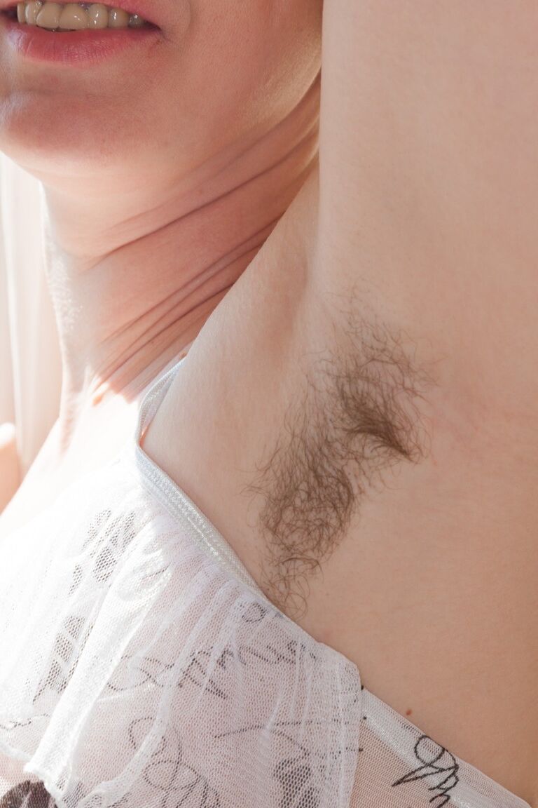21P Short haired mom with tiny tits Margo Portman flaunts her hairy armpits & twat