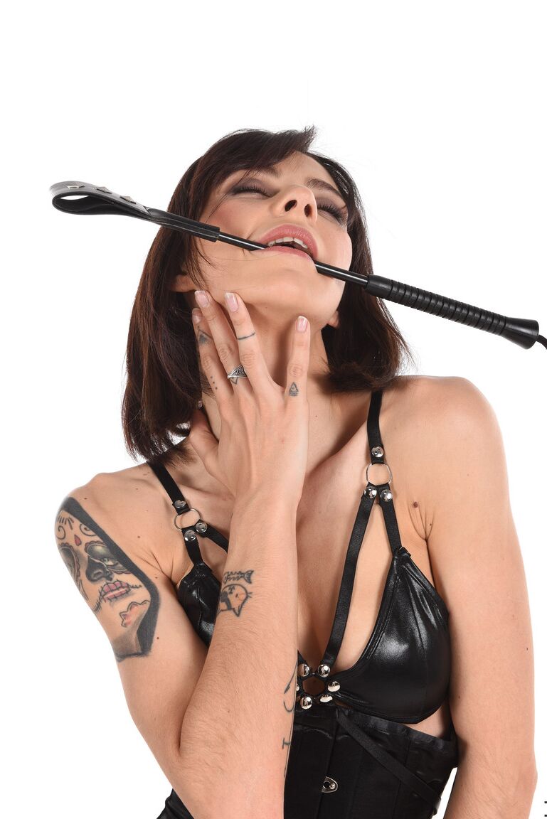 15P La brune sexy Sasha Meow joue avec son buisson taillé tout en portant un corset en satin