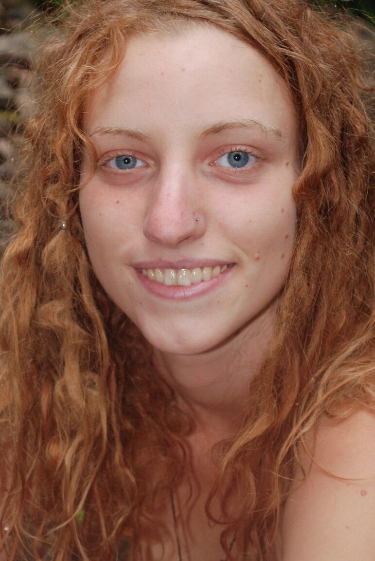 17P Petite ginger model with natural tits Valcorie shows her bush in the forest