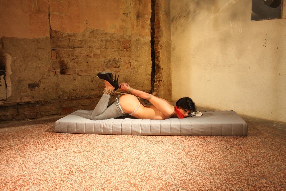 12P Slim brunette slave Samantha getting hogtied and punished