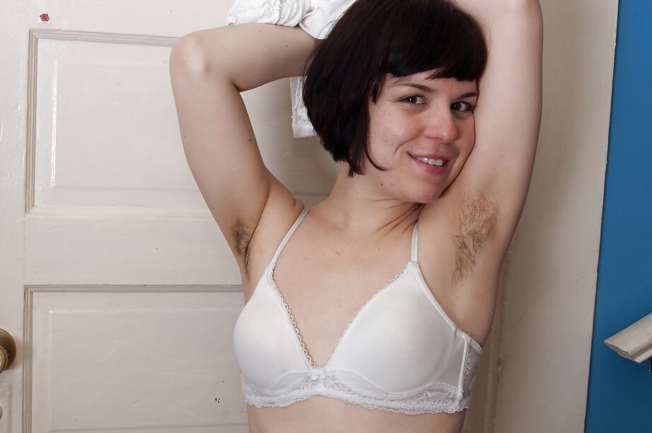 16P Cute brunette babe with hairy armpits Juliette March stripping