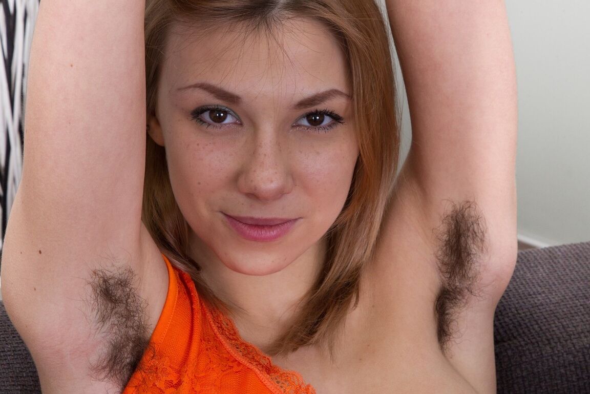 16P Pretty young Alisia flaunting hairy armpits and spreading very furry beaver