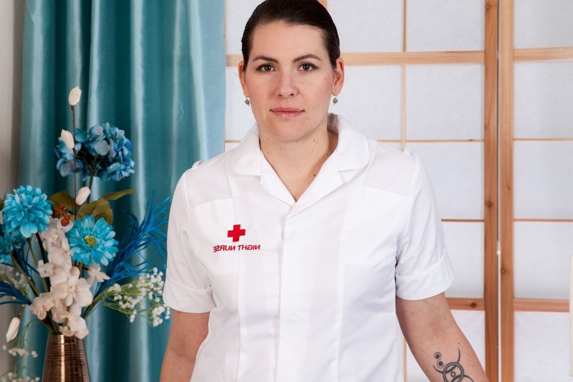16P Brunette nurse Sharlyn spreads her hairy twat in white nylons and garters