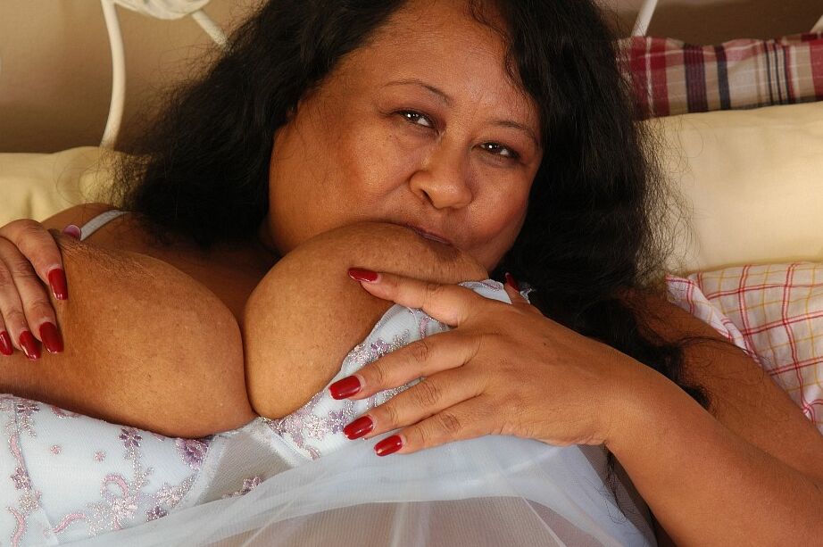 16P Mature Latina SSBBW Debrina licking nipples on enormous saggy breasts