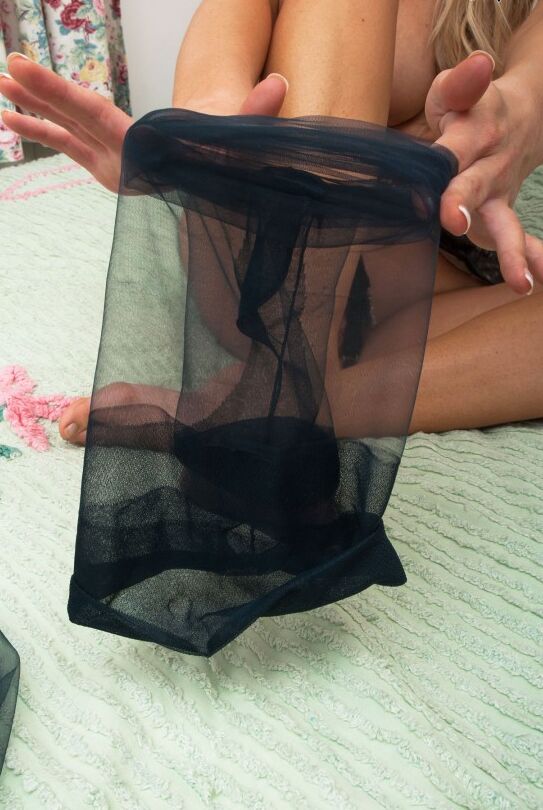 16P Tanned Taylor Shay flaunts her toes in nylons & strips to show sexy bare feet