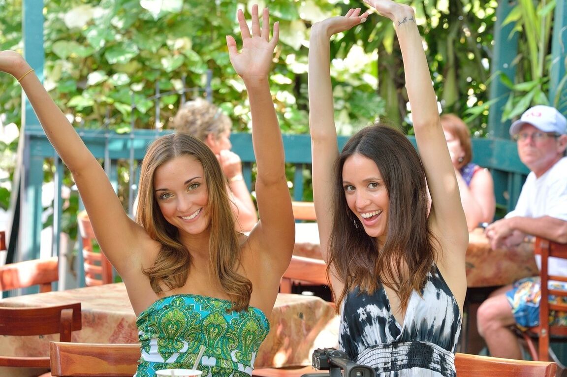 21P Gorgeous lesbian babes Mary & Aubrey giving pantyless upskirts in public