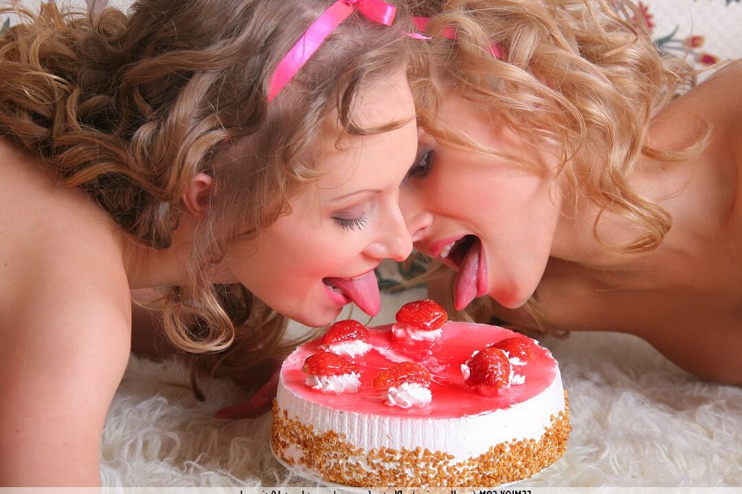 16P Cute blonde Anju & pal licking & kissing & petting while playing with food