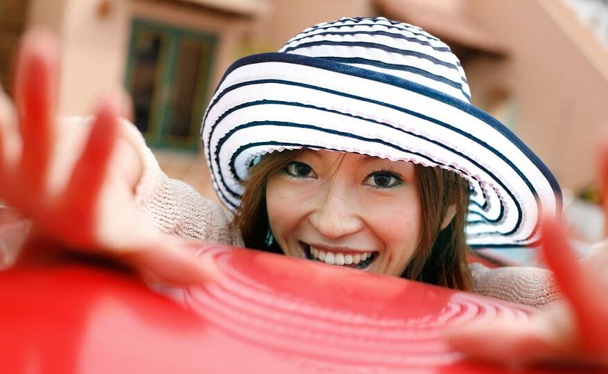 16P Japanese solo girl with red hair Yu Saotome wanders around in bikini and a hat