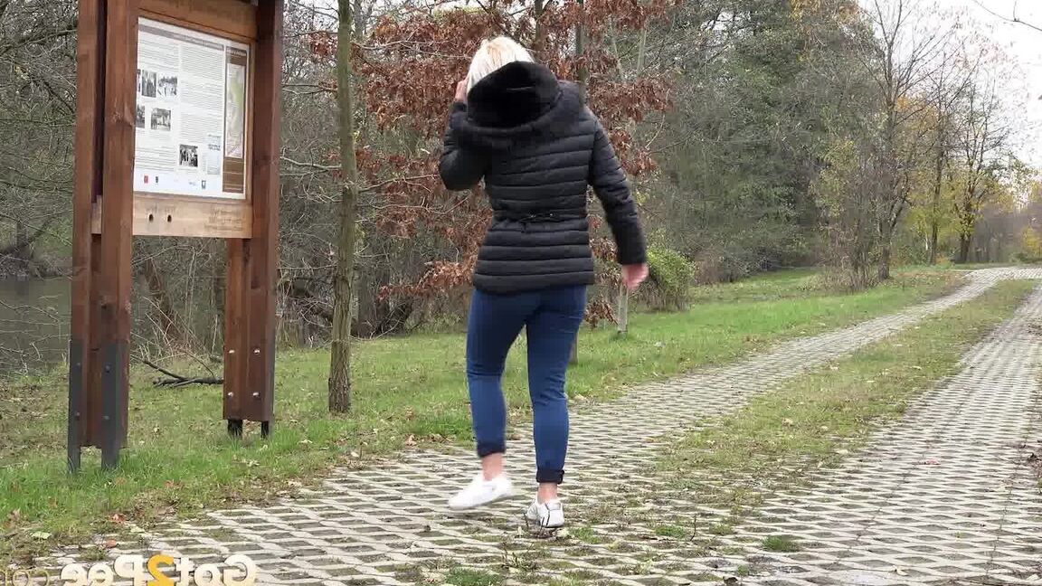 15P Blonde European pisses on a path on a trail