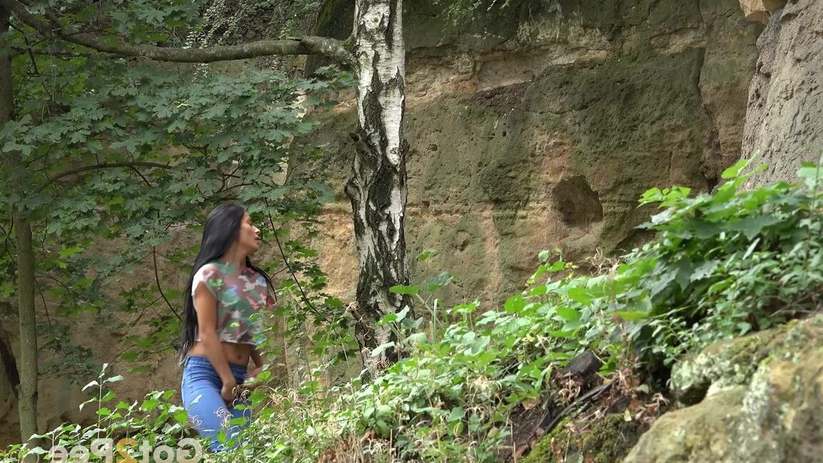 15P Brunette Lexi gets short taken and has to remove her jeans to piss in the bush