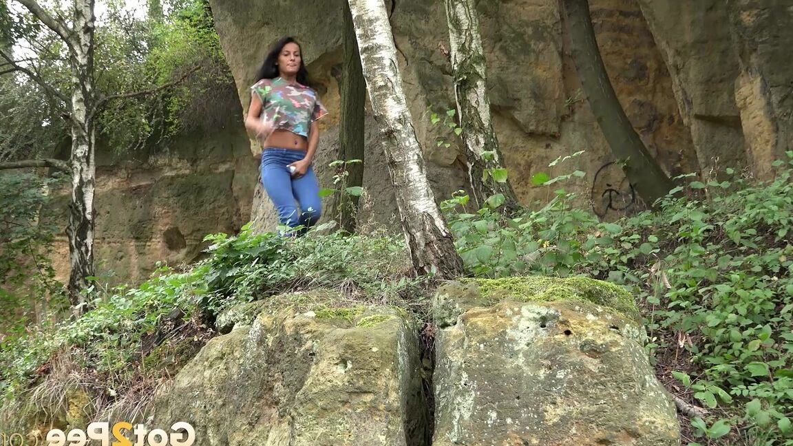 15P Brunette Lexi gets short taken and has to remove her jeans to piss in the bush