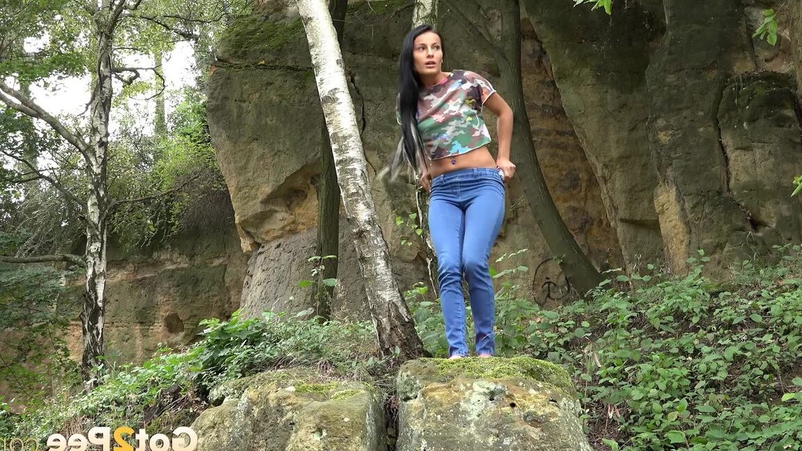 15P Brunette Lexi gets short taken and has to remove her jeans to piss in the bush