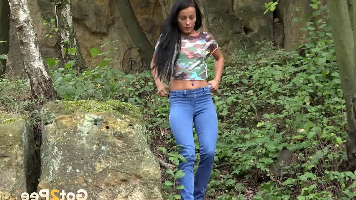 15P Brunette Lexi gets short taken and has to remove her jeans to piss in the bush