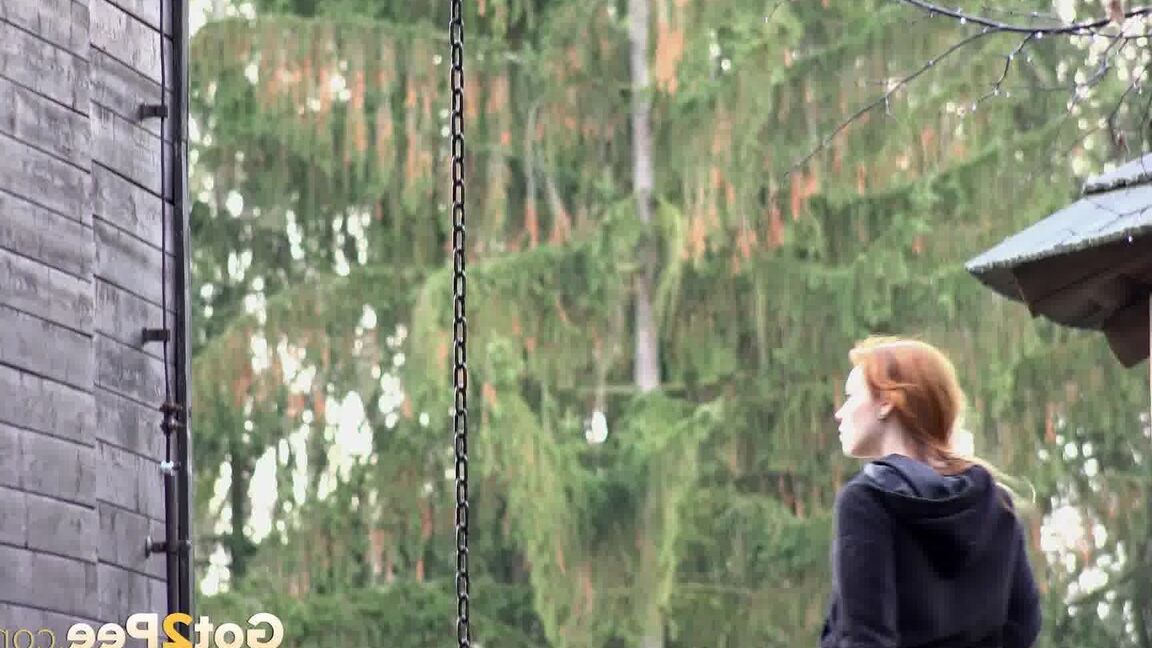 15P Cute redhead Sandra on a country walk pausing to squat for a hot outdoor pee